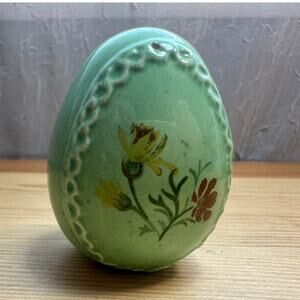 Vintage Green Ceramic Floral Egg Decorative Folk Art Easter Decor